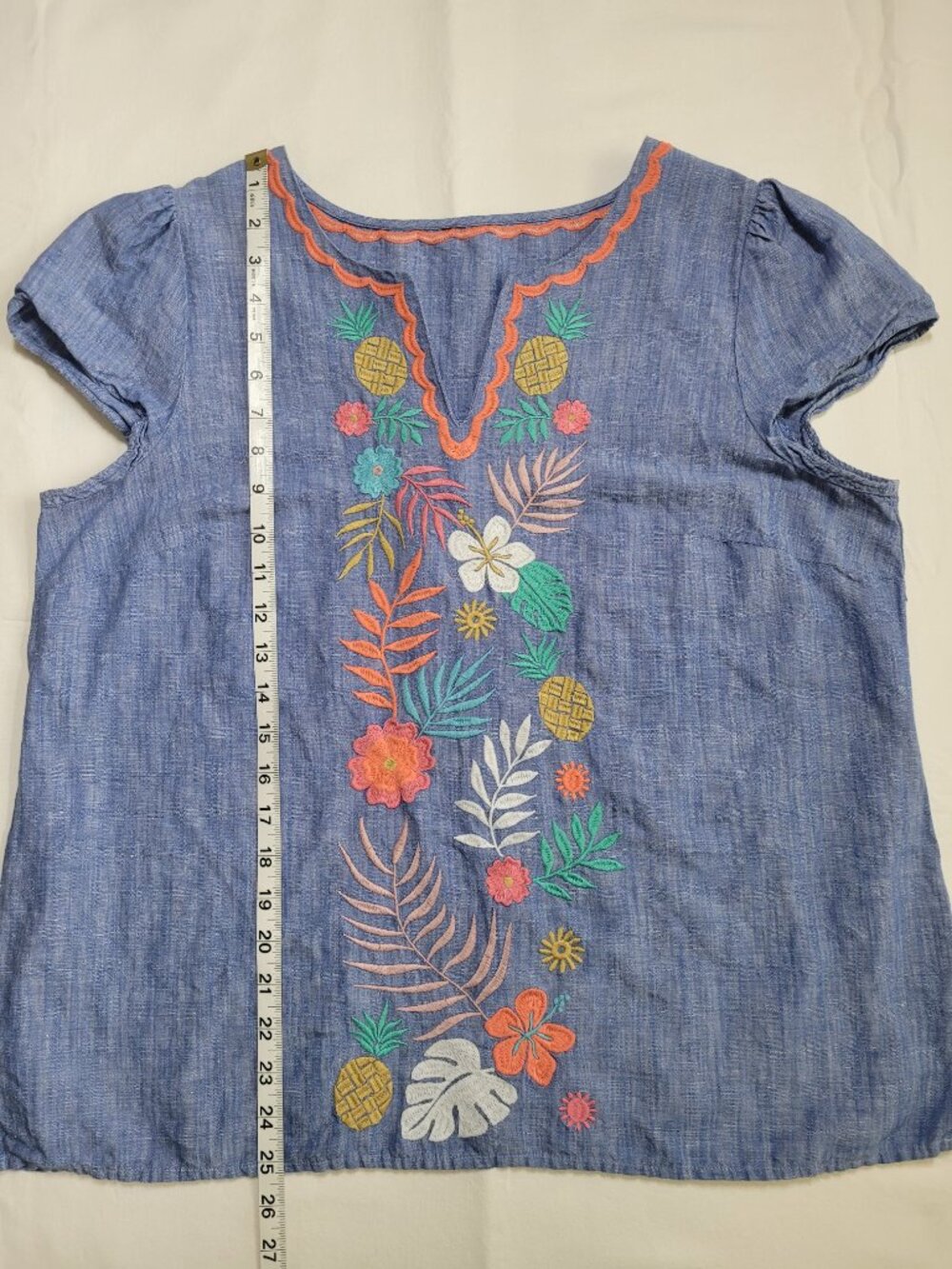 Talbots Embroidered Linen Blend Tropical Top Cap Sleeve Blue Floral Beachy Large - Picture 5 of 9